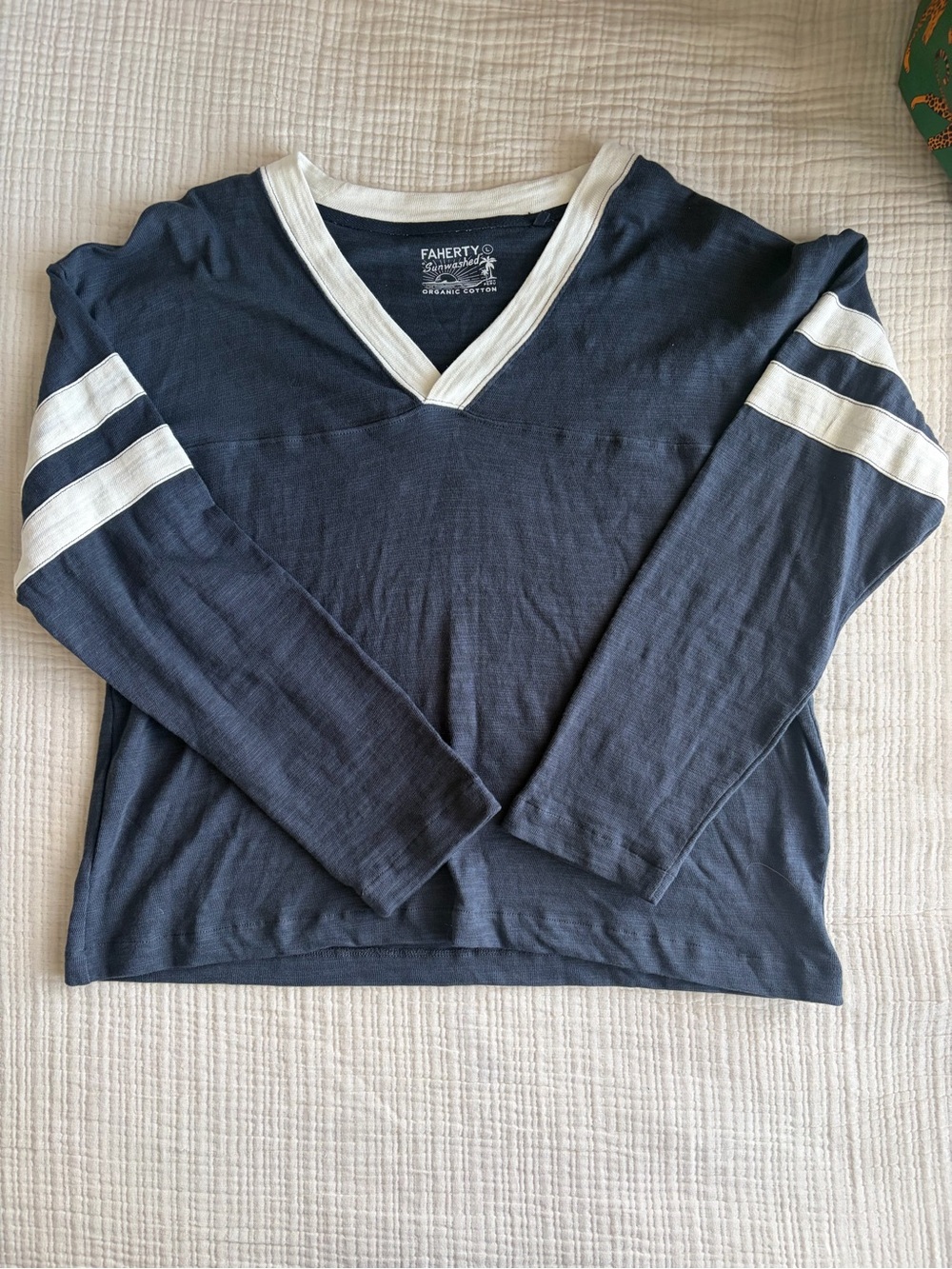 Faherty Navy V-Neck Sweater with White Trim and Sleeve Stripes